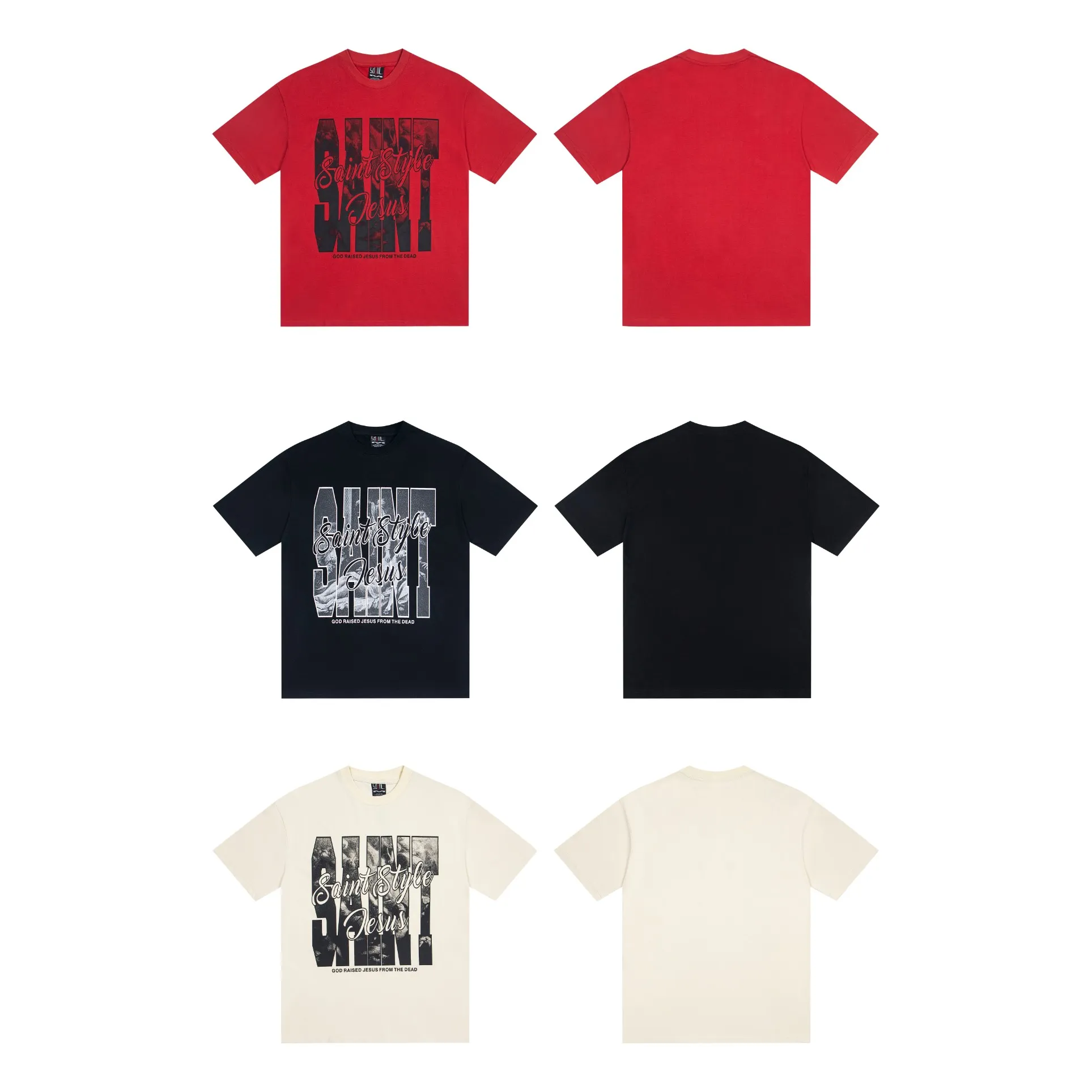 100💰S06# Meichao SAINT white ink direct-injection pure cotton 260g loose short-sleeved T-shirt 29 black, apricot, red S-XL
